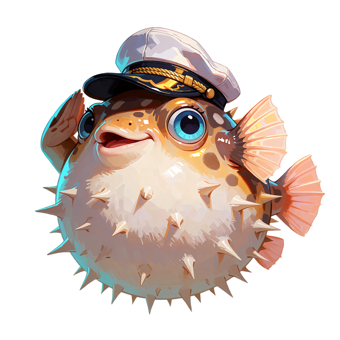 Nadęta maskotka Fugu w granatowej czapce kapitana salutuje płetwą - kapitan klubu VIP Fugu Casino