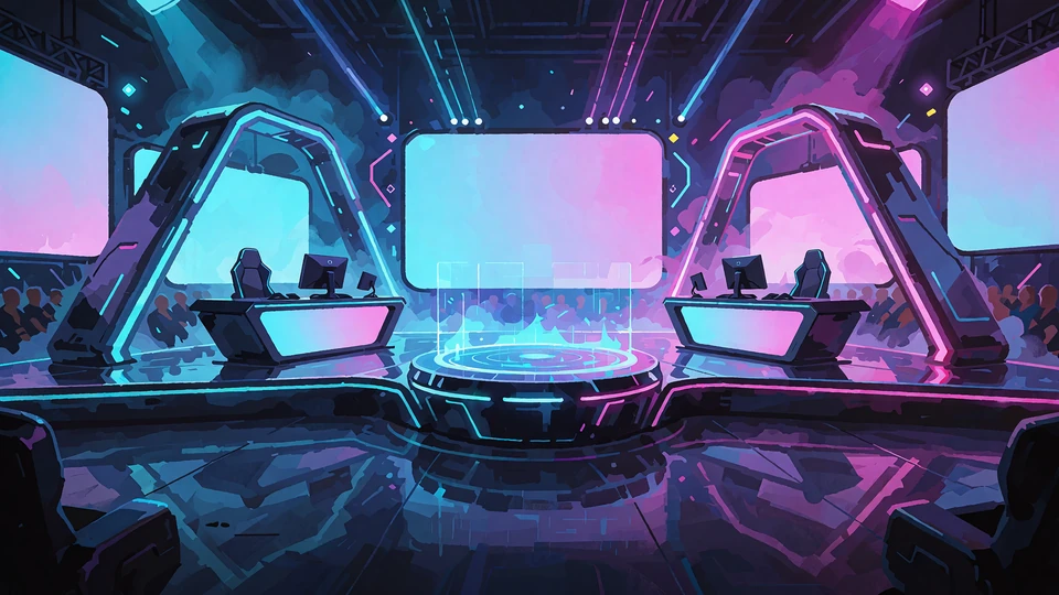 Neonowa scena e-sportowa ze stanowiskami graczy - zakłady na CS2, Dota 2 i League of Legends