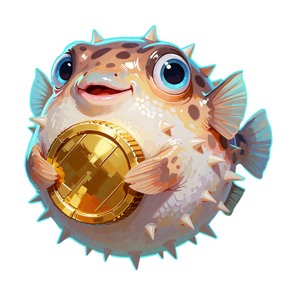Ryba fugu, maskotka Fugu Casino, przytula dużą złotą monetę - symbol bezpiecznych płatności