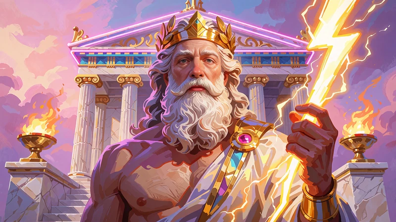 Grafika slotu Gates of Olympus - brodaty b&oacute;g piorun&oacute;w z błyskawicą przed marmurową świątynią