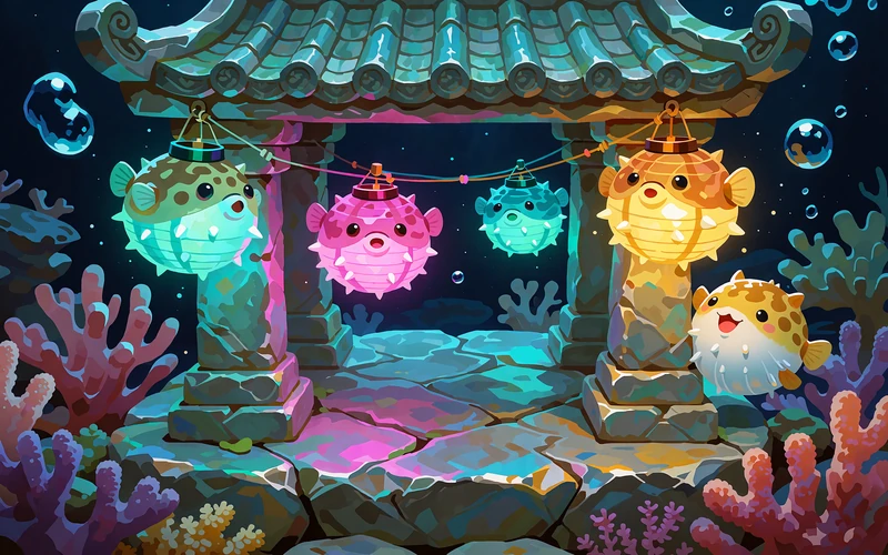 Podwodna kamienna kapliczka z lampionami w kształcie rozdymek i małą rybką fugu wyglądającą zza filaru - tytuły Only at FUGU