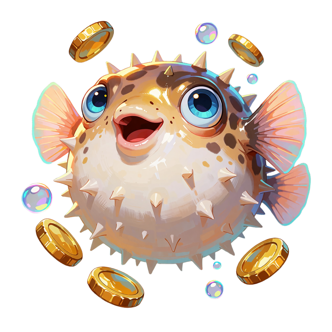Nadęta ryba fugu, maskotka Fugu Casino, patrzy w g&oacute;rę wśr&oacute;d spadających złotych monet i bąbelk&oacute;w