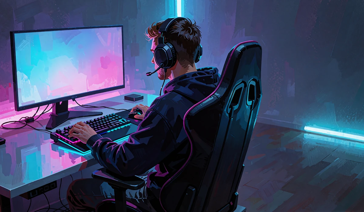 Gracz w słuchawkach przy neonowym stanowisku komputerowym - zakłady na eSport CS2, Dota 2 i LoL