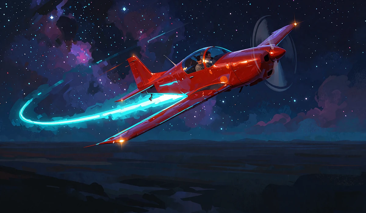 Czerwony samolot ze świetlistym cyjanowym śladem wznosi się na nocnym niebie - ilustracja gier crash