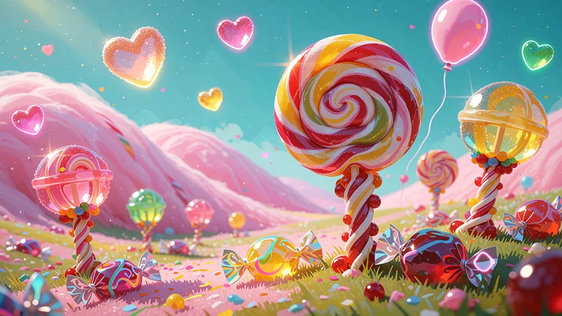 Grafika slotu Sweet Bonanza 1000 - cukierkowa kraina z lizakami i wzg&oacute;rzami z waty cukrowej