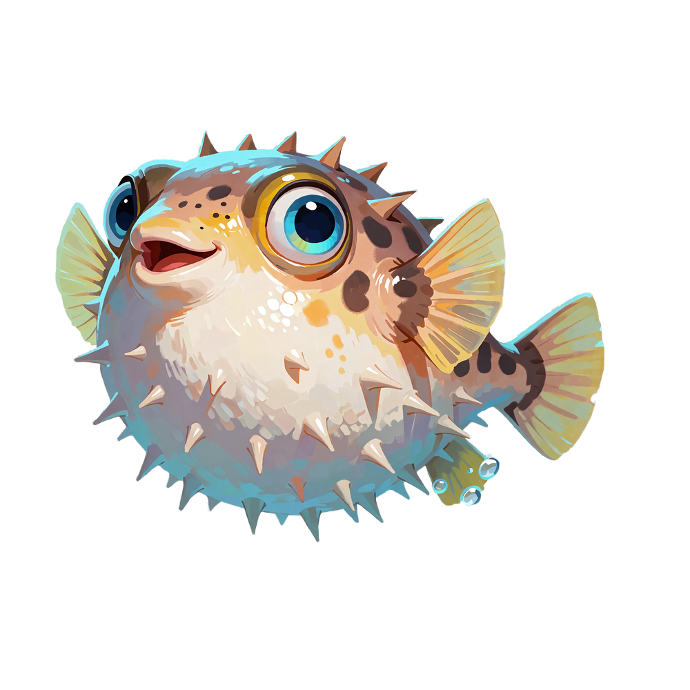 Maskotka Fugu w połowie nadęta pływa ukośnie wśr&oacute;d bąbelk&oacute;w, zapraszając do katalogu gier