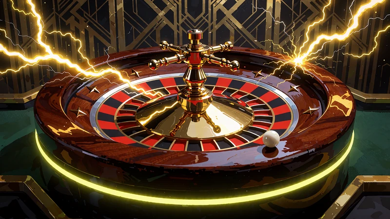 Ruletka z mahoniu i złota rażona złotymi błyskawicami - ilustracja gry live Lightning Roulette